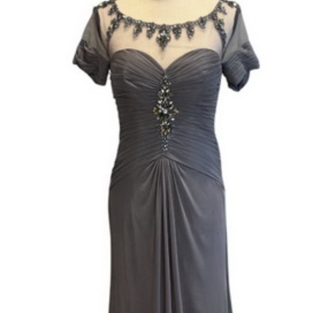 Rina DiMontella Pewter Gray Beaded Rhinestone Illusion Chiffon Gown